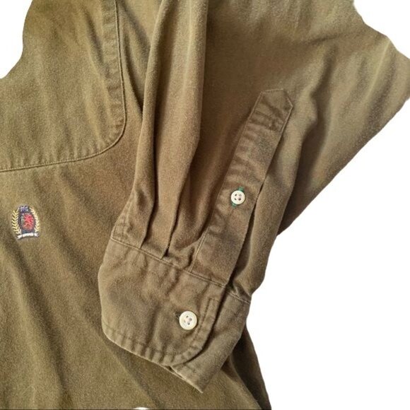 Vintage Grunge 90’s Olive Green Tommy Hilfiger Crest Logo Shirt M - Picture 4 of 9